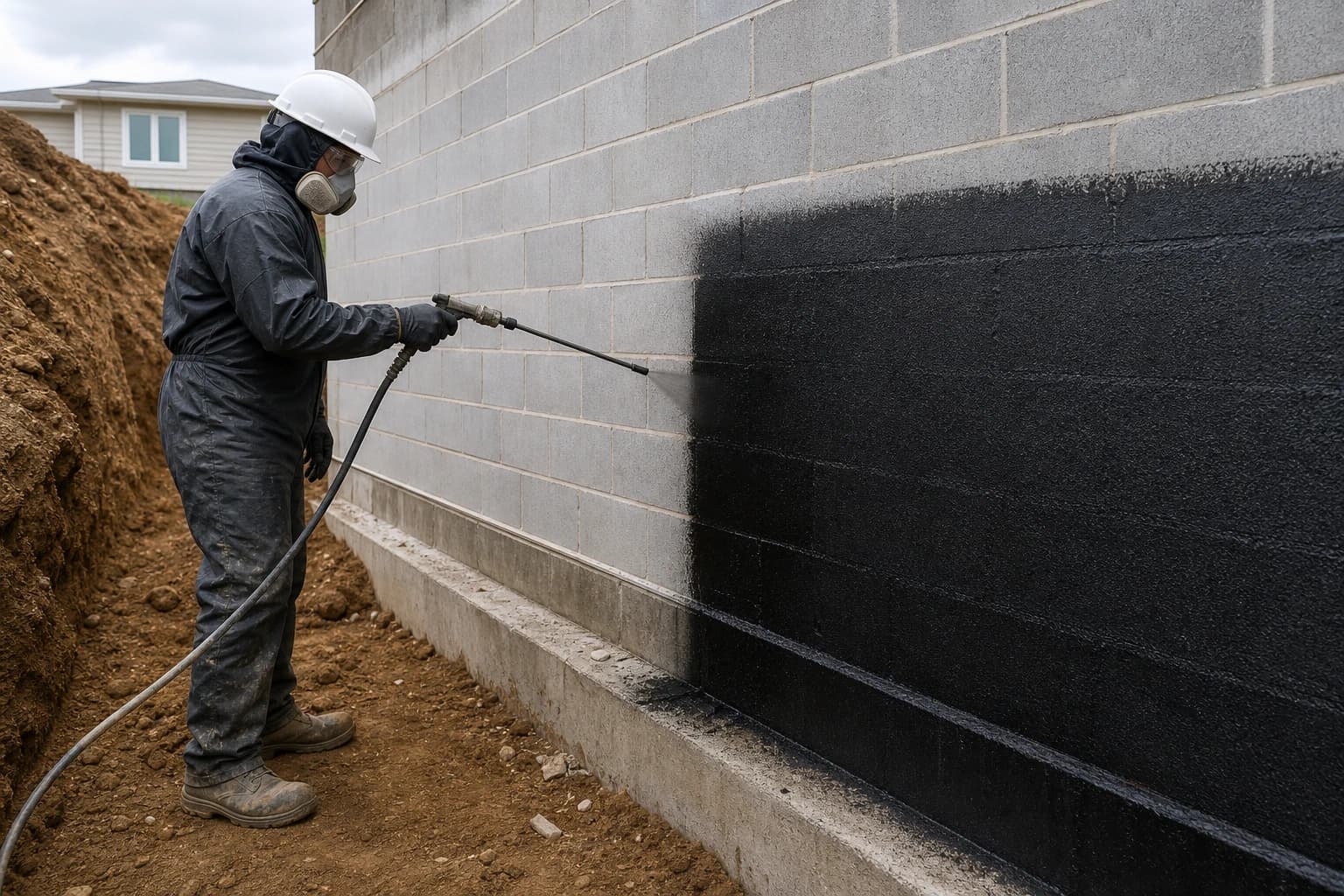 Spray-applied damp proofing on an exterior masonry foundation wall