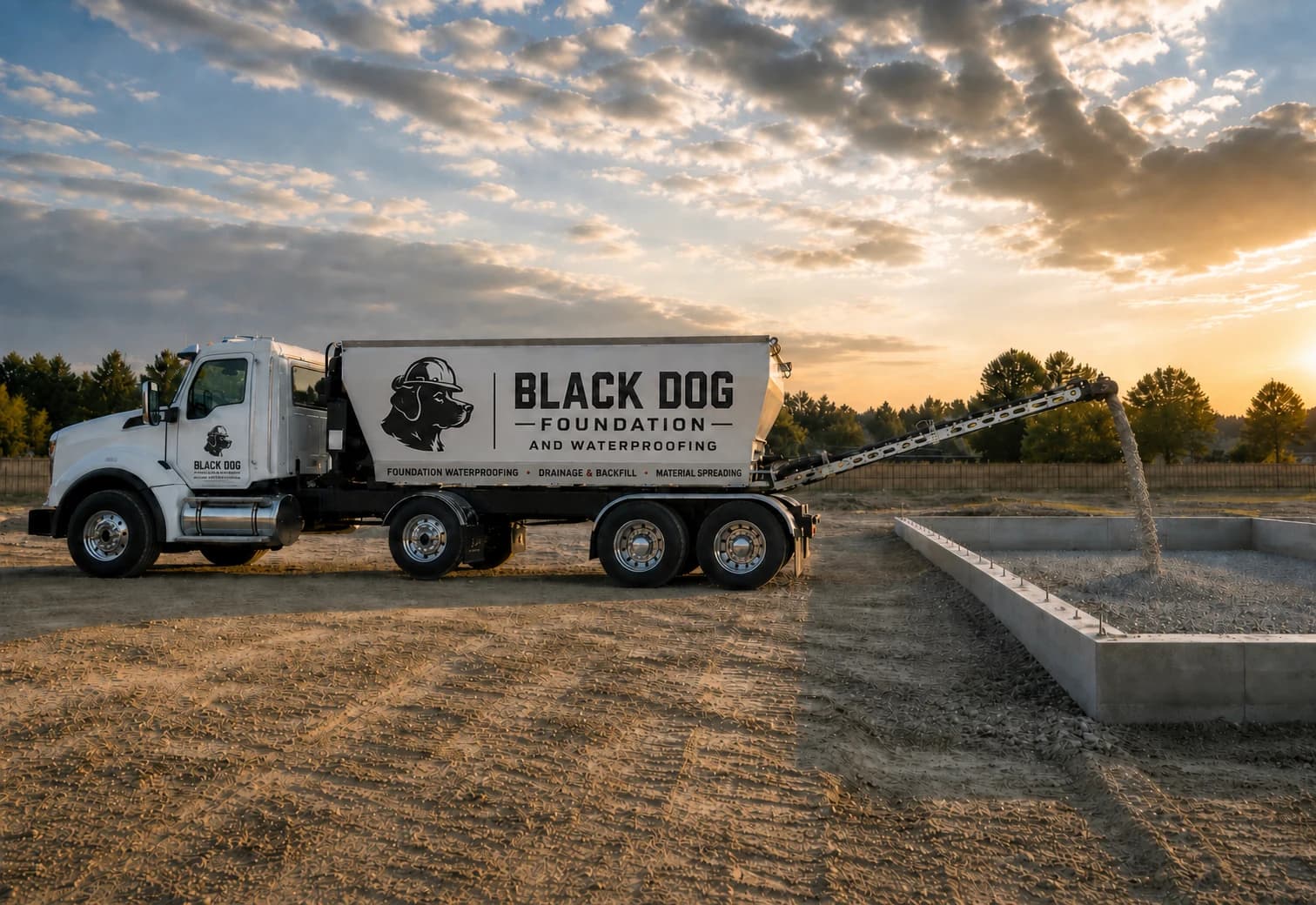 White four-axle conveyor-equipped aggregate-spreading truck distributing stone into a broad, even lift at a foundation site