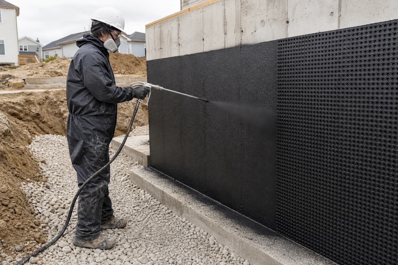 Spray-applied exterior waterproofing beside an installed drainage board