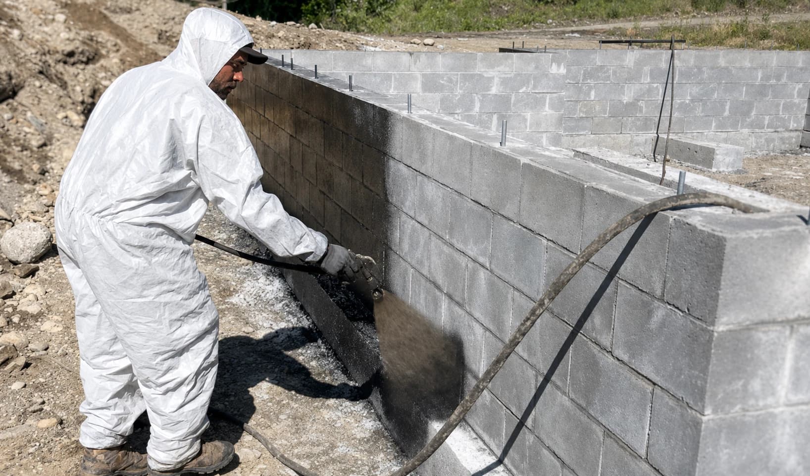 Damp proofing being sprayed onto an exterior concrete-block foundation wall
