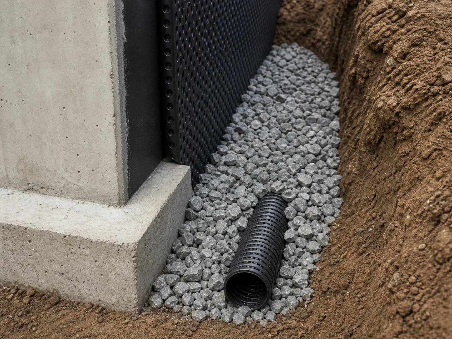 Perforated footing drain partly embedded in washed angular stone beside a protected foundation wall