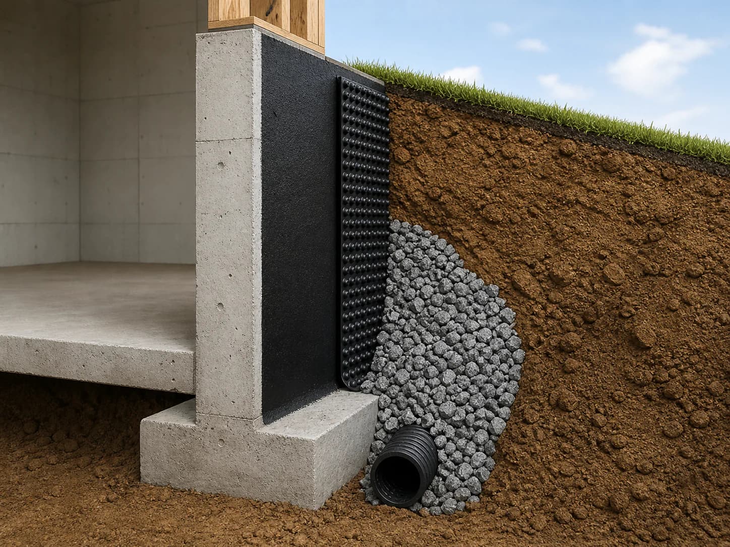 Foundation cross-section showing positive grade, one exterior wall treatment with waterproofing shown, washed drainage aggregate, and a perforated drain at the footing; damp proofing is an alternative treatment, and final details follow project plans and applicable code.