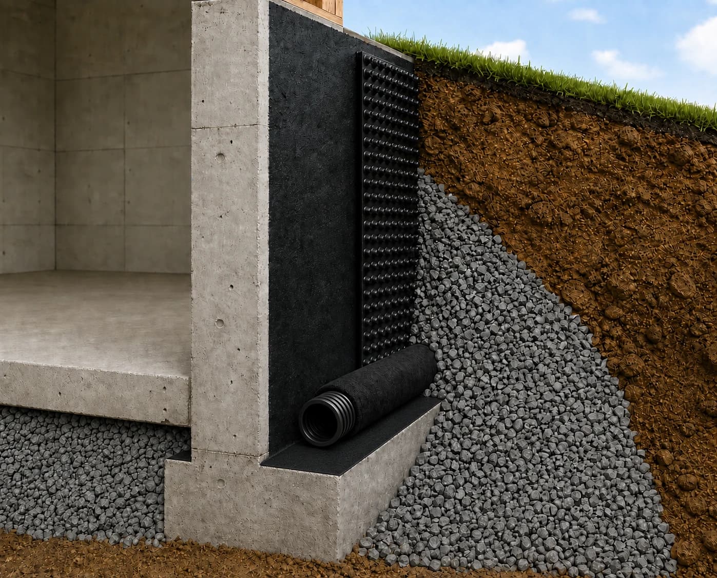 Foundation cross-section showing positive grade, one exterior wall treatment with waterproofing shown, washed drainage aggregate, and a perforated drain at the footing; damp proofing is an alternative treatment, and final details follow project plans and applicable code.